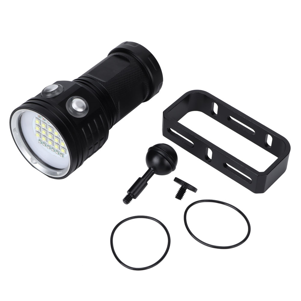 Schwarze Tauchlampe mit Zubehör: Halterung, Kugelgelenk, Schrauben und O-Ringe.