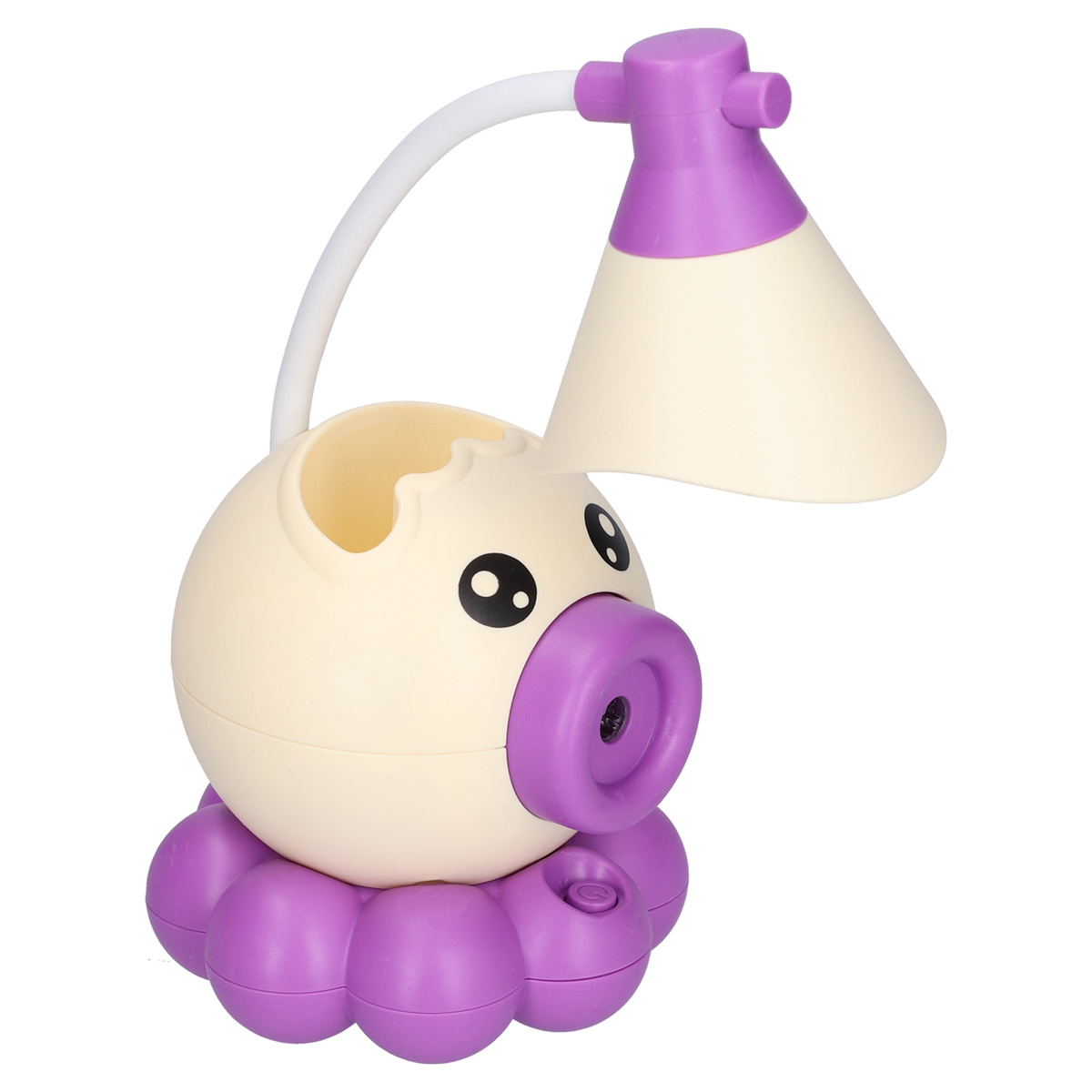 Schreibtischlampe in Form eines Cartoon-Schweins mit lila Nase und Fuß, cremefarben.