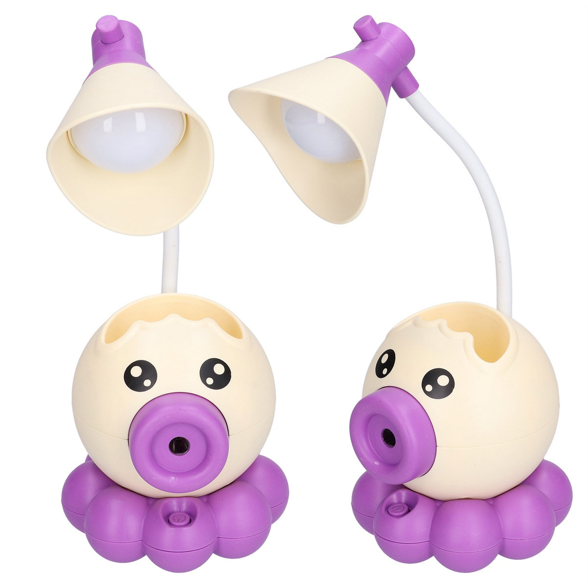 Zwei tintenfischförmige Lampen mit Lichtern. Sie sind beige und lila, mit Cartoon-Gesichtern.