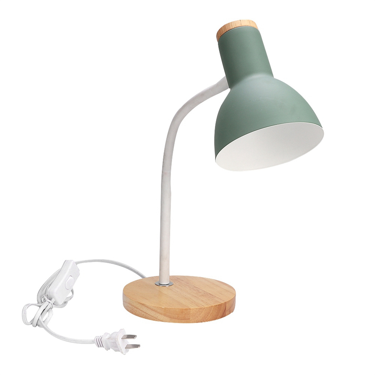 Eine grüne Schreibtischlampe mit Holzfuß und weißem Stiel, und ein weißes Netzkabel.
