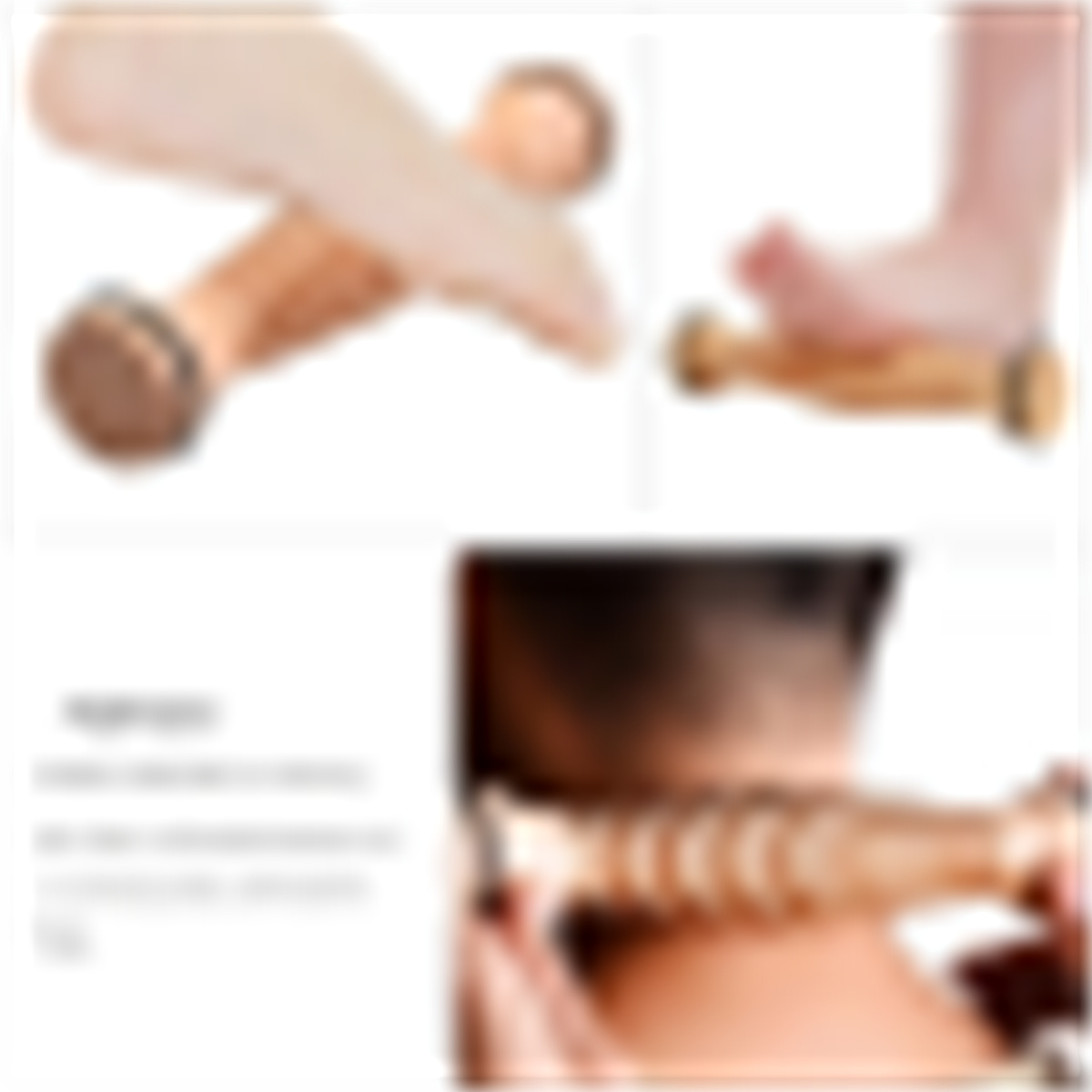 Holzmassagegerät an Händen und Nacken, mit Personen. Verschiedene Blickwinkel werden gezeigt.