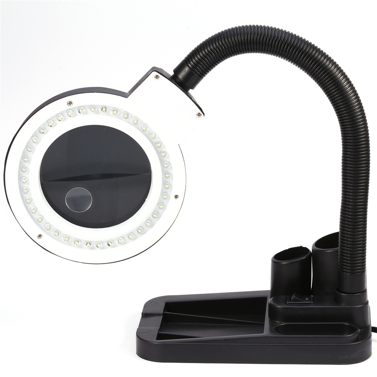 Vergrößerungslampe mit schwarzem Sockel und flexiblem Arm, mit LED-Leuchten um eine große Linse.