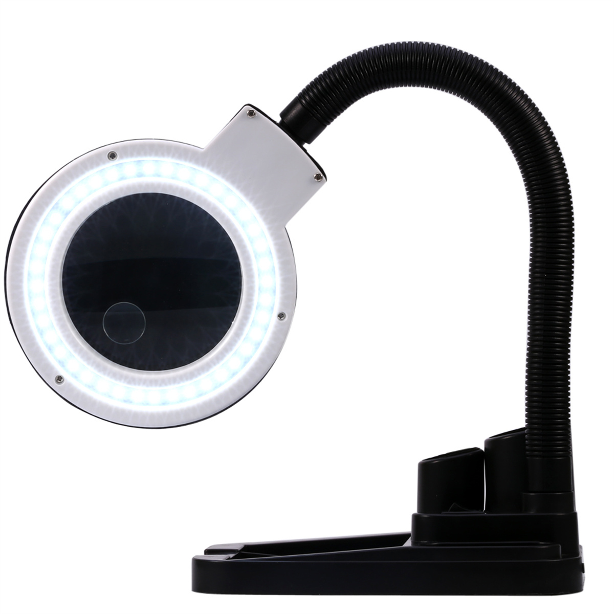 Lupe mit LED-Leuchten. Der Sockel und der Arm sind schwarz.