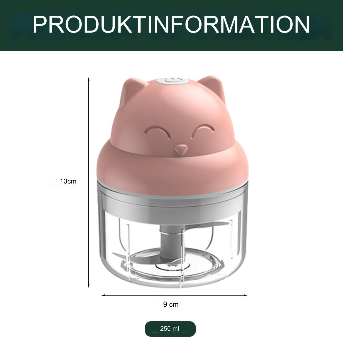 Rosa und weißer, katzenförmiger Zerkleinerer. Abmessungen und Kapazität sind angegeben.