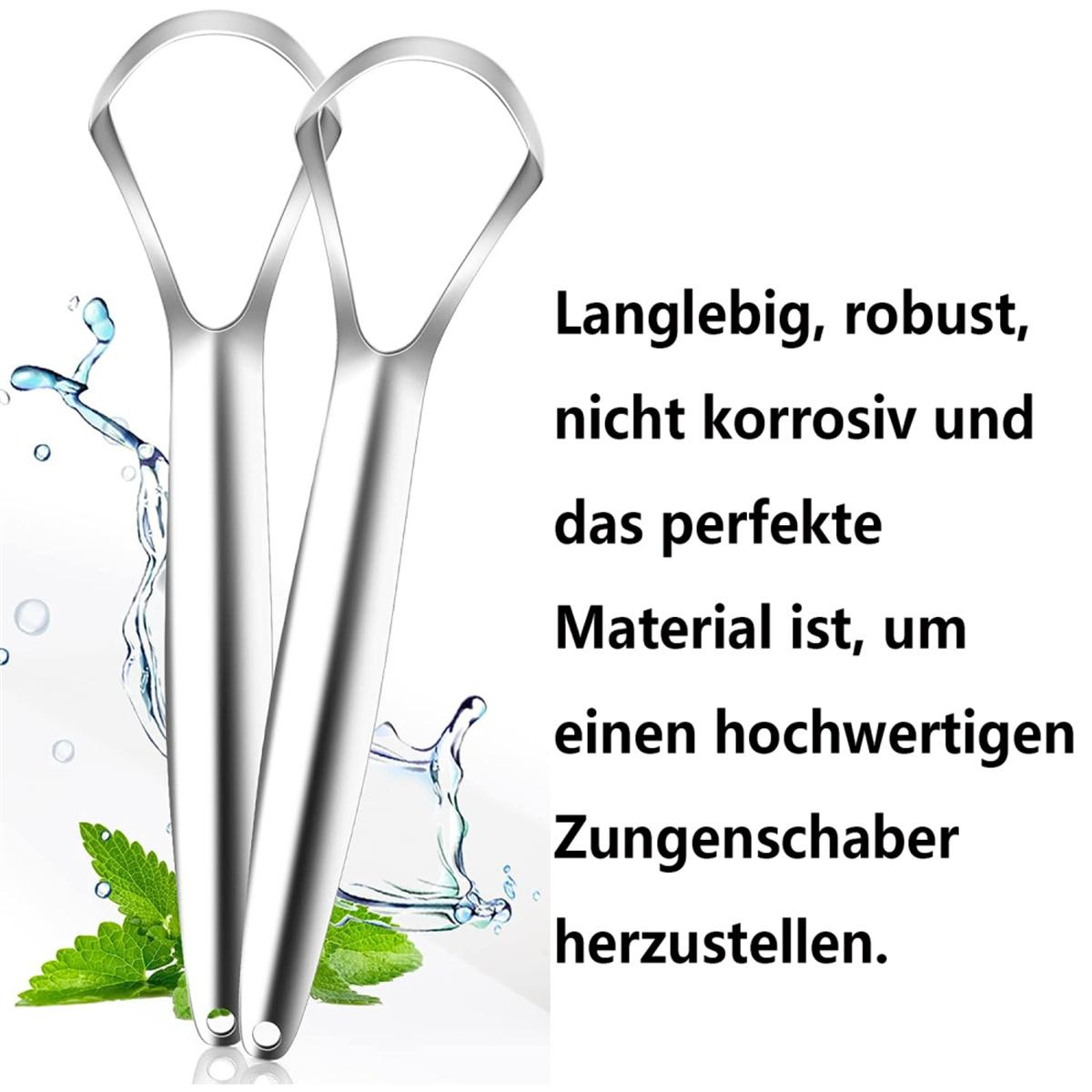 Zwei silberne Zungenschaber. Der Text rechts besagt langlebig, nicht korrosiv und perfektes Material.
