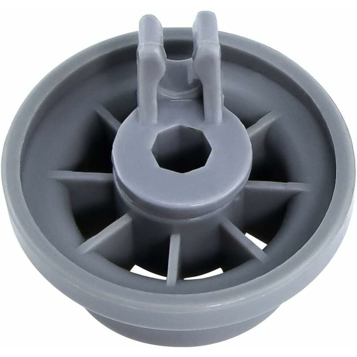 Grauer Geschirrspüler-Sprüharm, kreisförmig mit sechseckigem Mittelteil und radialen Armen.