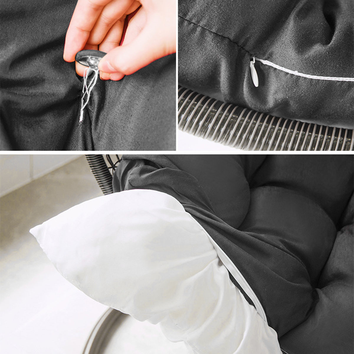 Nahaufnahme eines schwarzen Sitzes mit weißem Kissen und Reißverschlussdetail auf dem Stoff.