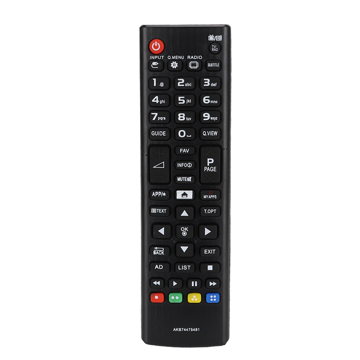 Schwarze TV-Fernbedienung mit vielen Tasten. Enthält Strom-, Menü-, Zifferntasten und Lautstärkeregler.
