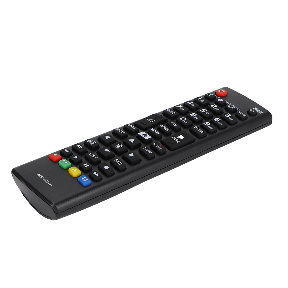 Schwarze TV-Fernbedienung mit vielen Tasten, vor weißem Hintergrund.