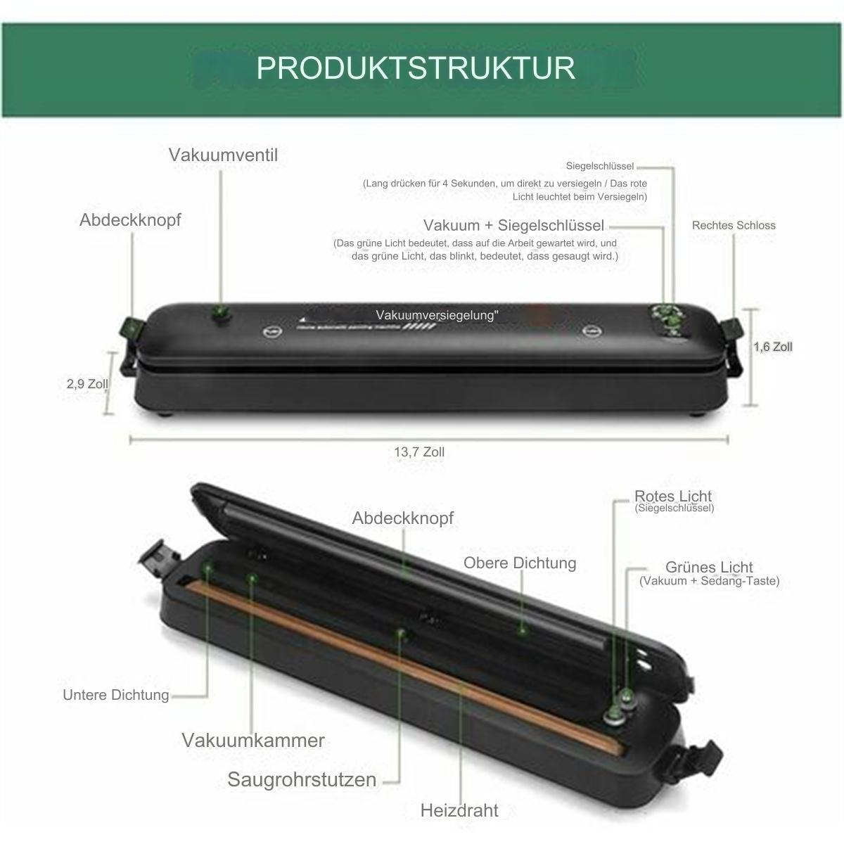 Diagramm eines Vakuumversieglers mit Beschriftungen und Maßen. Weißer Hintergrund.