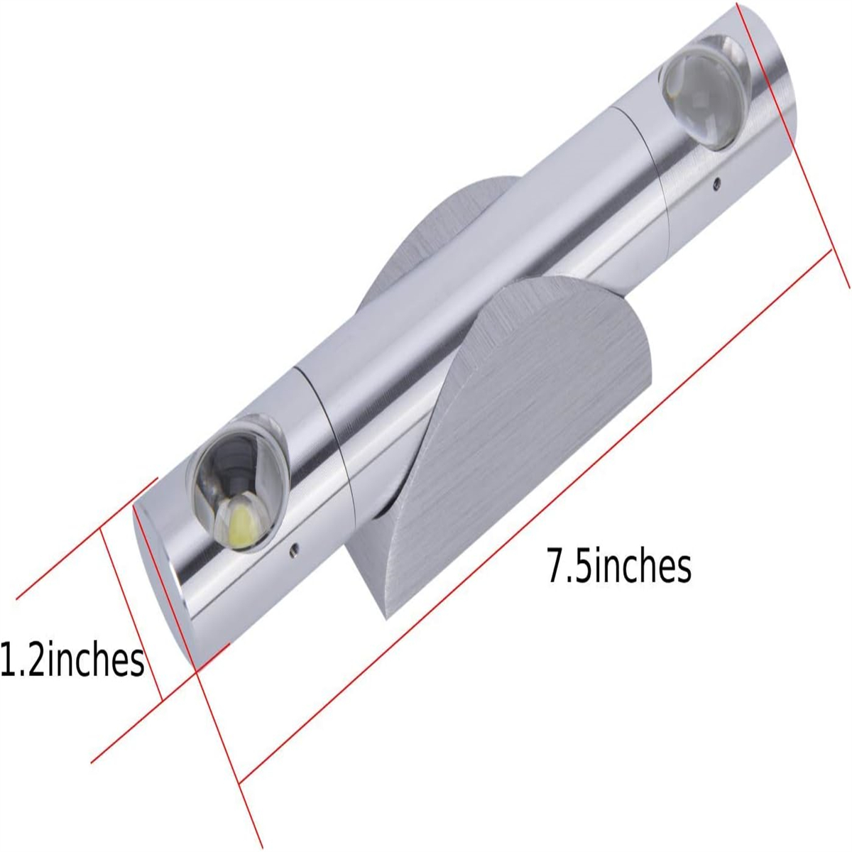 Silberne LED-Lampe mit Abmessungen. Der Hintergrund ist weiß.