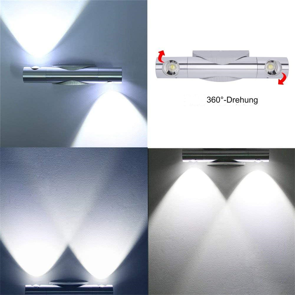 Silberne Wandleuchte mit zwei Lichtern. Lichtstrahlen leuchten nach unten. An einer weißen Wand montiert.