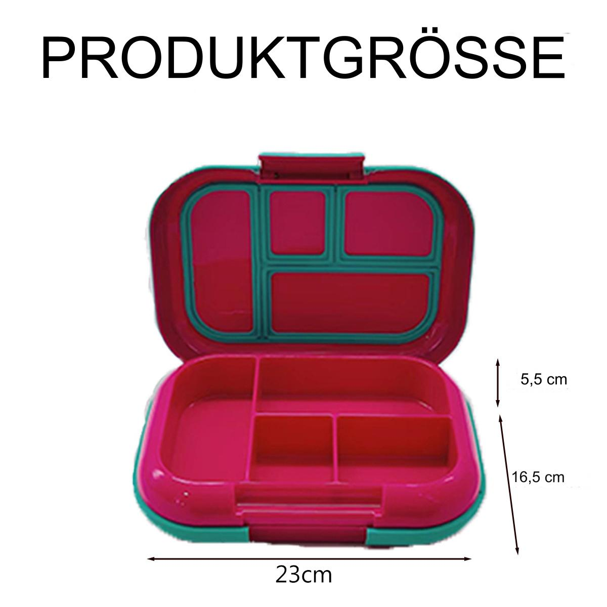 Rosa und grüne Brotdose, offen mit Fächern und Maßangaben.