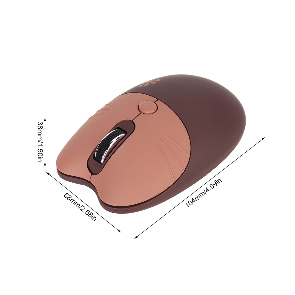 Braune und beige kabellose Maus. Abmessungen sind 104 mm x 68 mm x 38 mm. Zeigt Scrollrad und Tasten.
