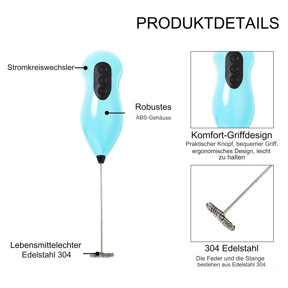 Ein Produktdetailbild mit einem blauen Milchaufschäumer und Textanmerkungen.