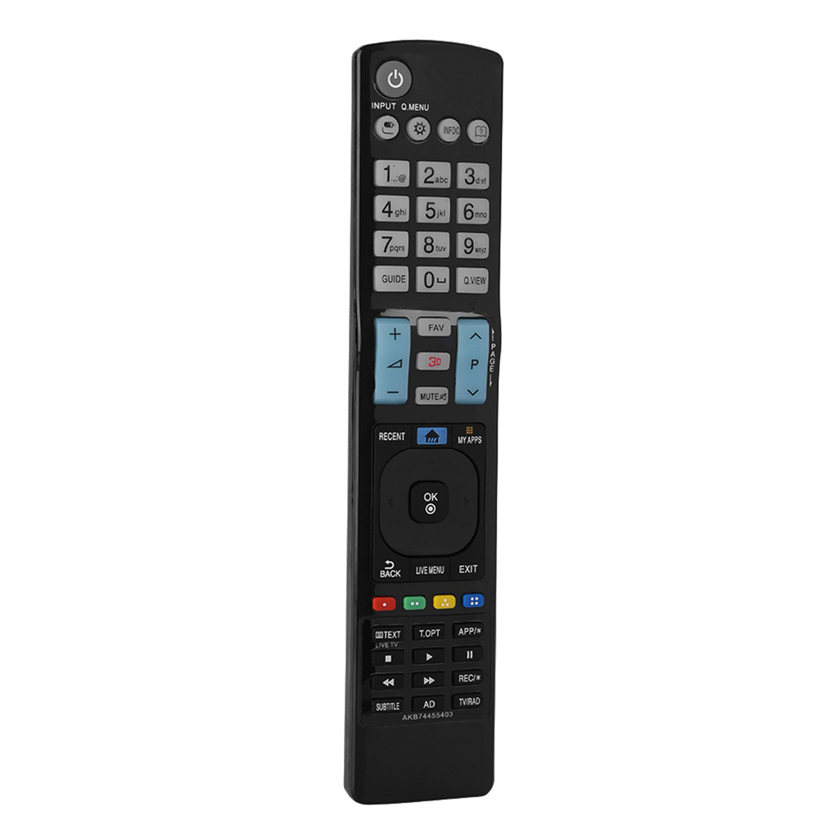 Schwarze TV-Fernbedienung mit verschiedenen Tasten und Beschriftungen auf weißem Hintergrund.