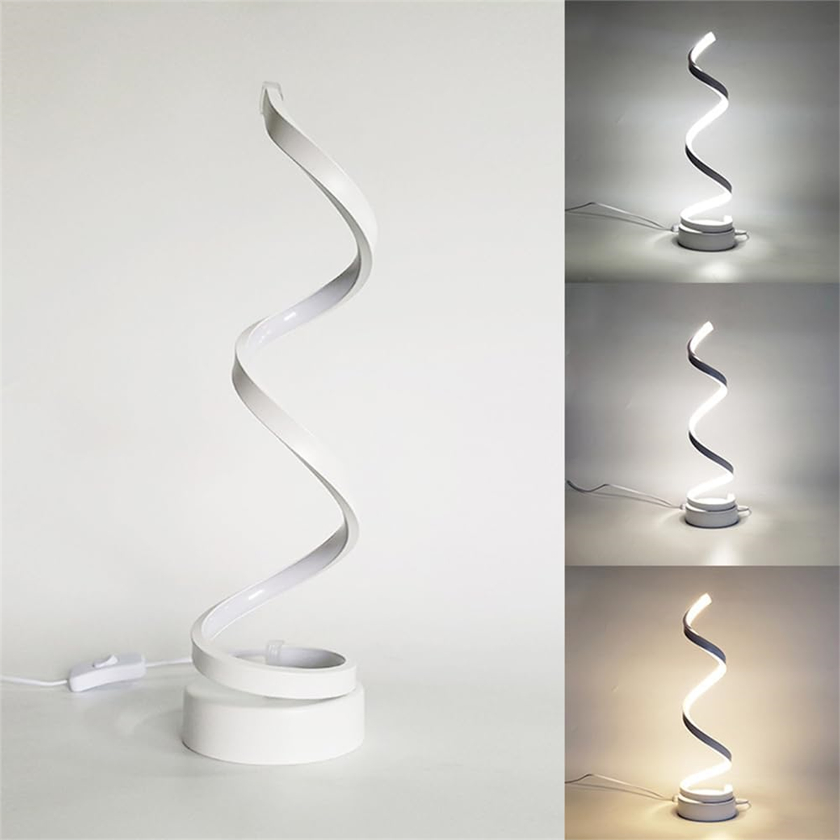 Eine weiße, spiralförmige Schreibtischlampe mit verschiedenen Lichteinstellungen, die weißes Licht zeigt.