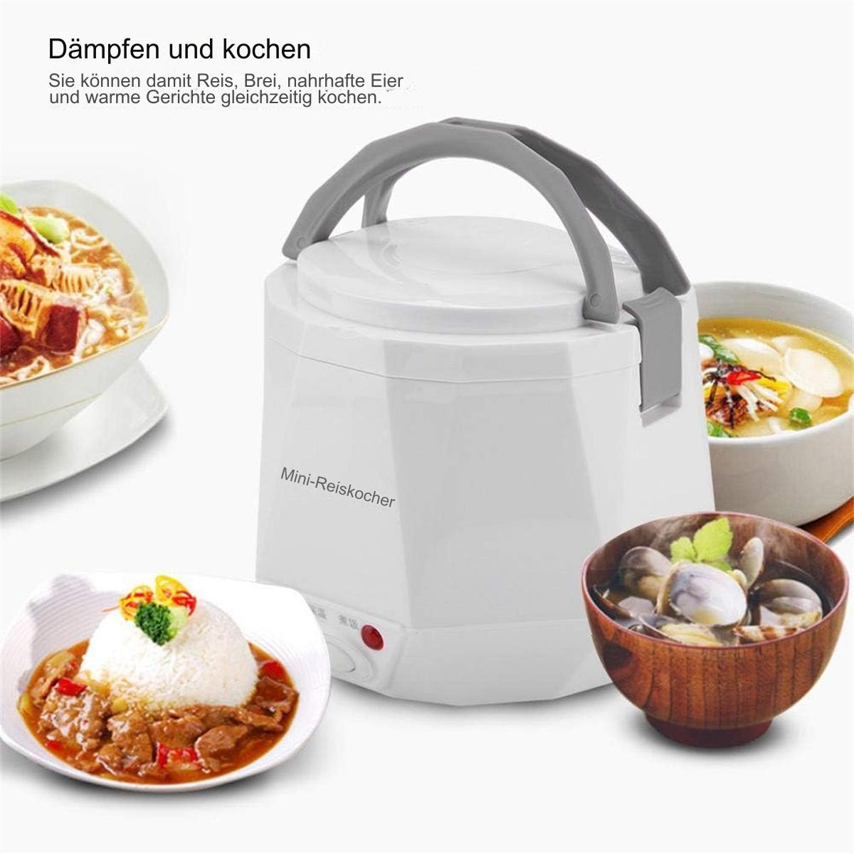 Weiß-grauer Mini-Reiskocher mit Speisen und Schüsseln auf dem Tisch.