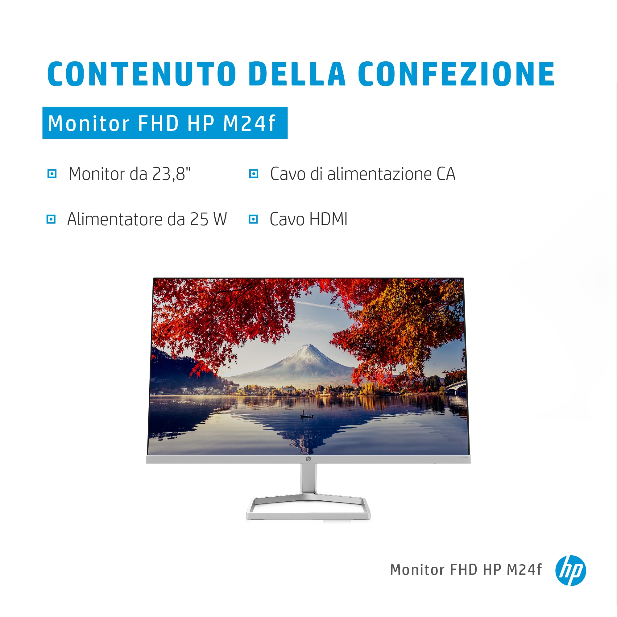 Un monitor con testo. Include: monitor, cavo di alimentazione, adattatore di alimentazione e HDMI.