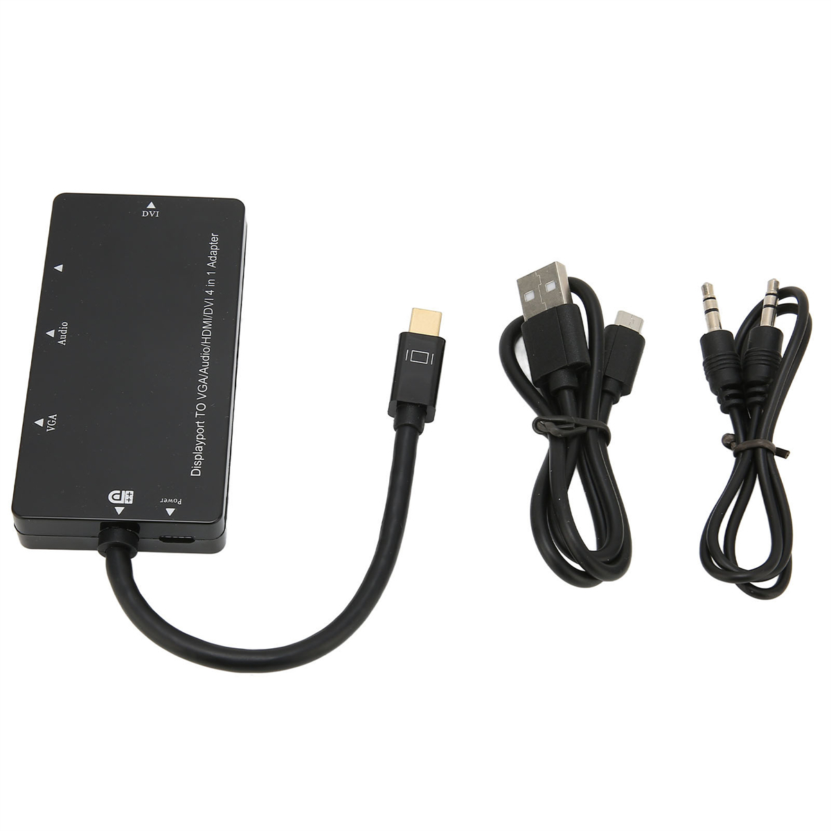 Schwarzer Adapter mit mehreren Anschlüssen und Kabeln für Display und Audio.