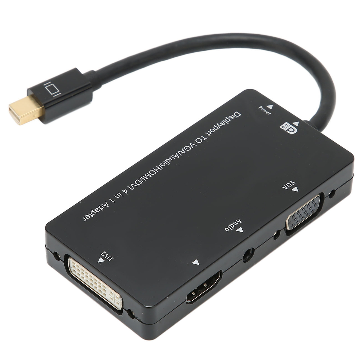 Schwarzer DisplayPort-zu-VGA/HDMI/DVI-Adapter mit mehreren Anschlüssen und Beschriftungen.