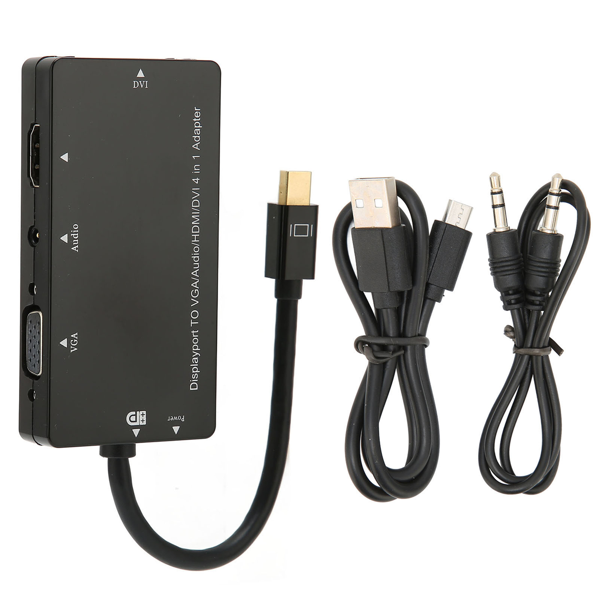 Schwarzer Adapter mit mehreren Anschlüssen und Kabeln. Anschlüsse sind HDMI, VGA, DVI und Audio. USB- und Audiokabel sind vorhanden.