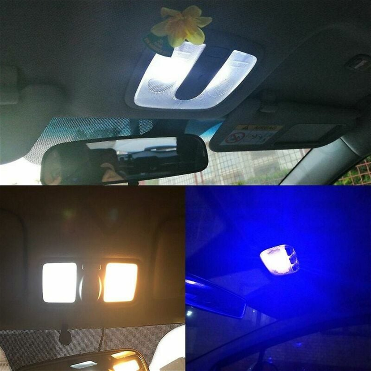 Bilder von Innenraumbeleuchtung im Auto. Enthält ein weißes Licht, ein warmes Licht und ein blaues Licht. Autodecke im Blick.