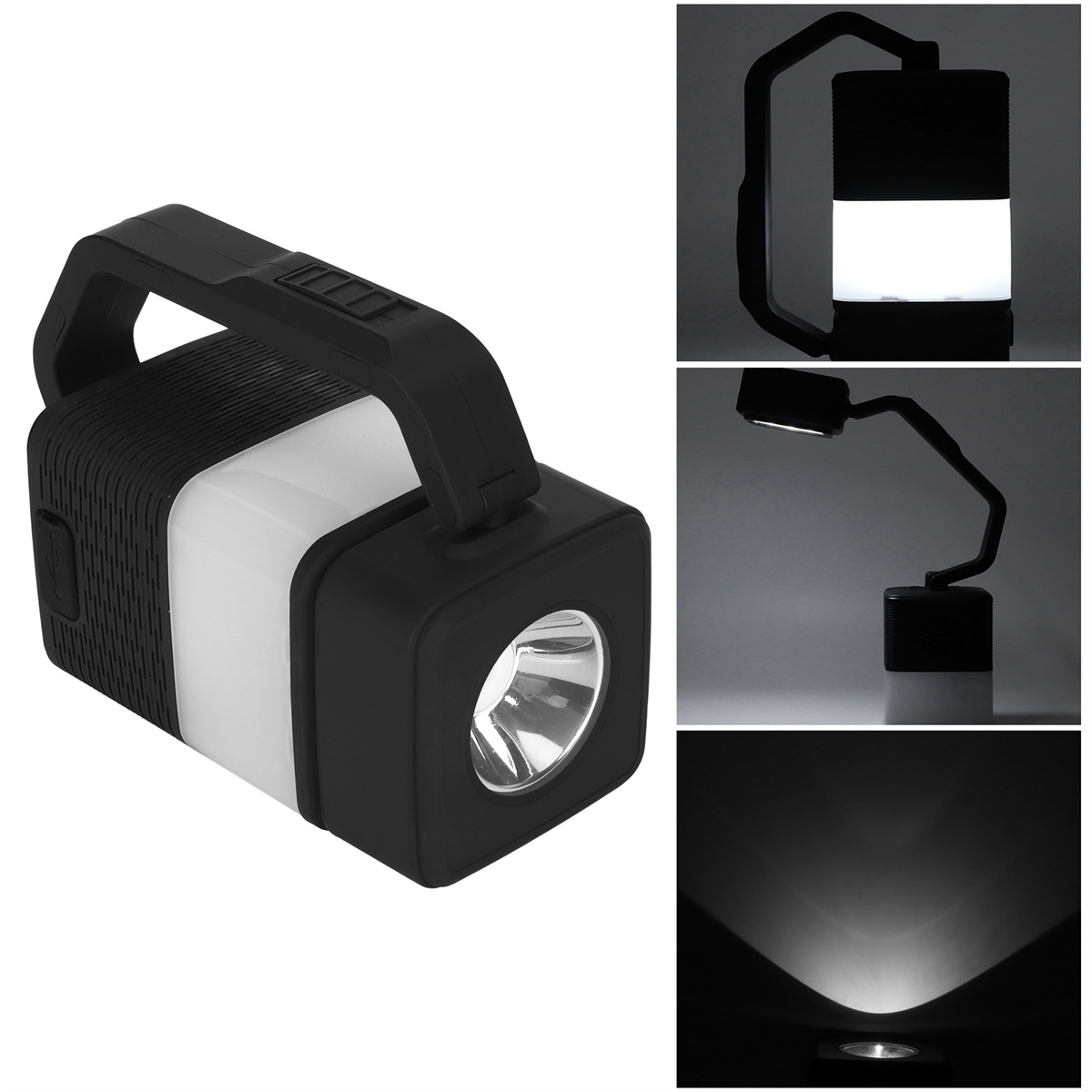 Schwarze Taschenlampe, Seitenansicht und drei verschiedene Beleuchtungsoptionen: Spot, abgewinkelt und fokussierter Strahl.