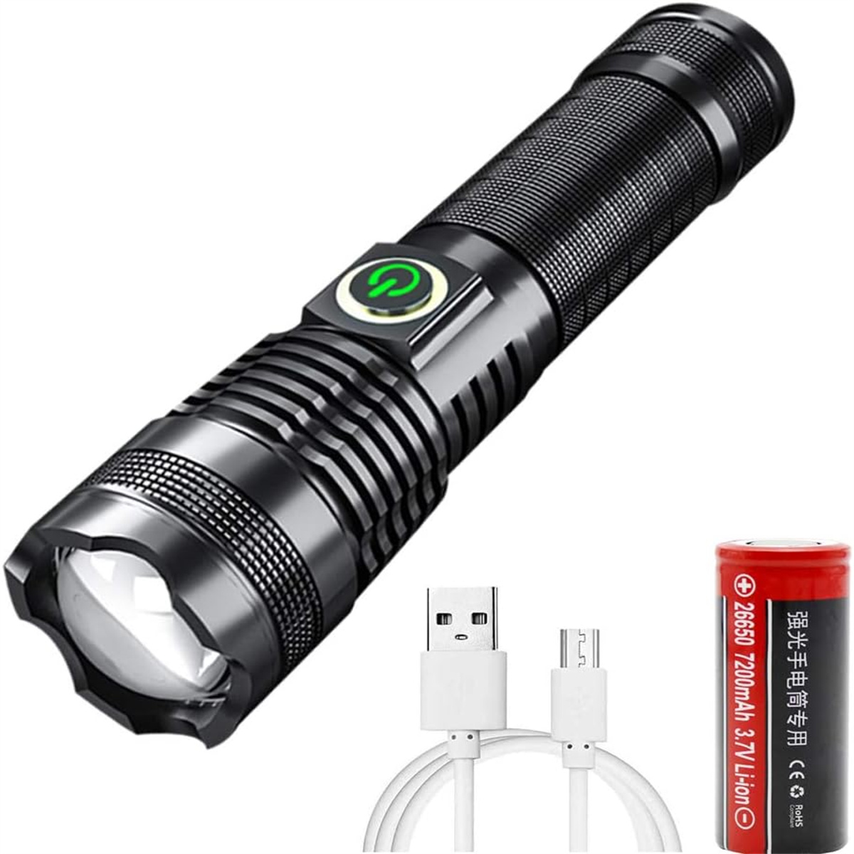 Eine schwarze Taschenlampe mit grünem Ein-/Ausschalter und weißem Ladekabel und einer roten Batterie.