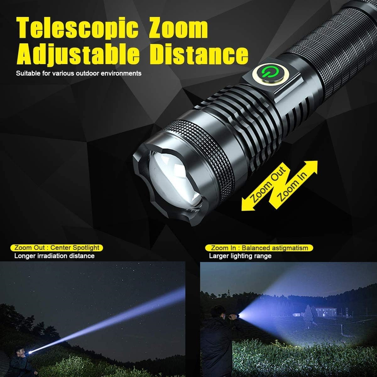 Eine schwarze Taschenlampe mit Text und Diagrammen zur Zoom-Funktion.