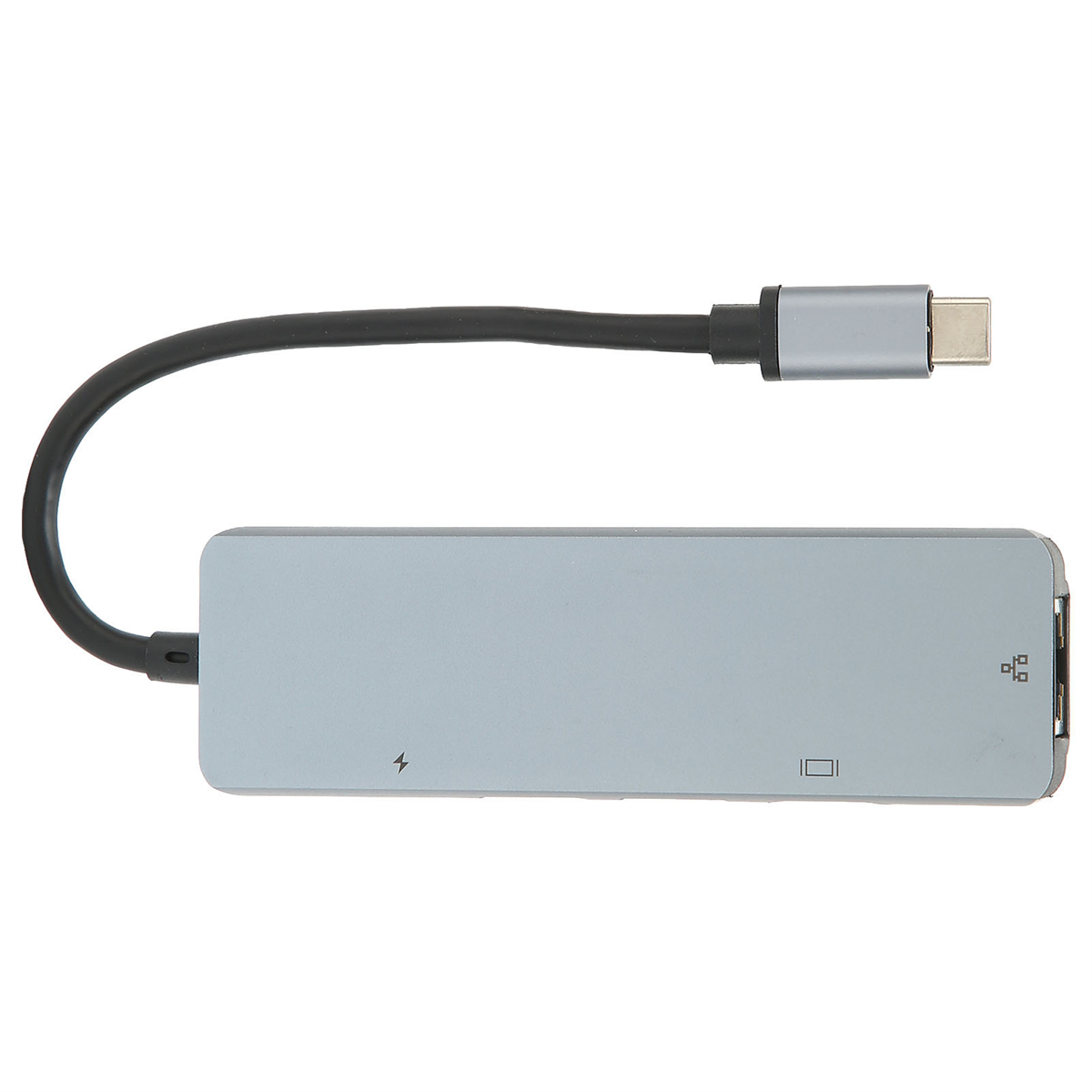 Silberner USB-Hub mit schwarzem Kabel. Er hat mehrere Anschlüsse und einen USB-C-Anschluss.