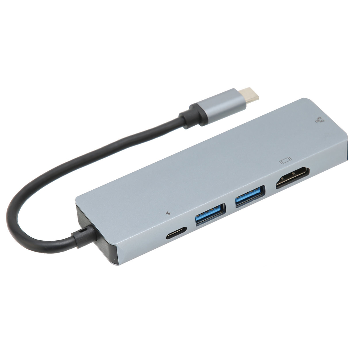 Ein grauer USB-C-Hub mit mehreren Anschlüssen, darunter USB, HDMI und ein Ladeanschluss.