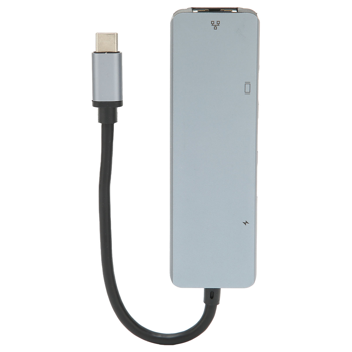 Ein silberner USB-C-Hub mit schwarzem Kabel, mit verschiedenen Anschlüssen, vor weißem Hintergrund.