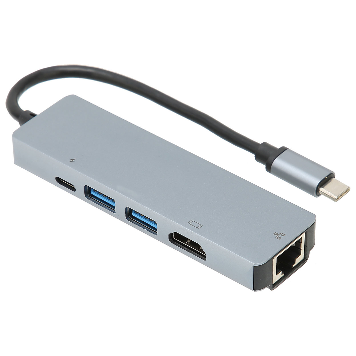 Ein grauer USB-Hub mit mehreren Anschlüssen und einem schwarzen Kabel. Er hat einen USB-C-Anschluss.