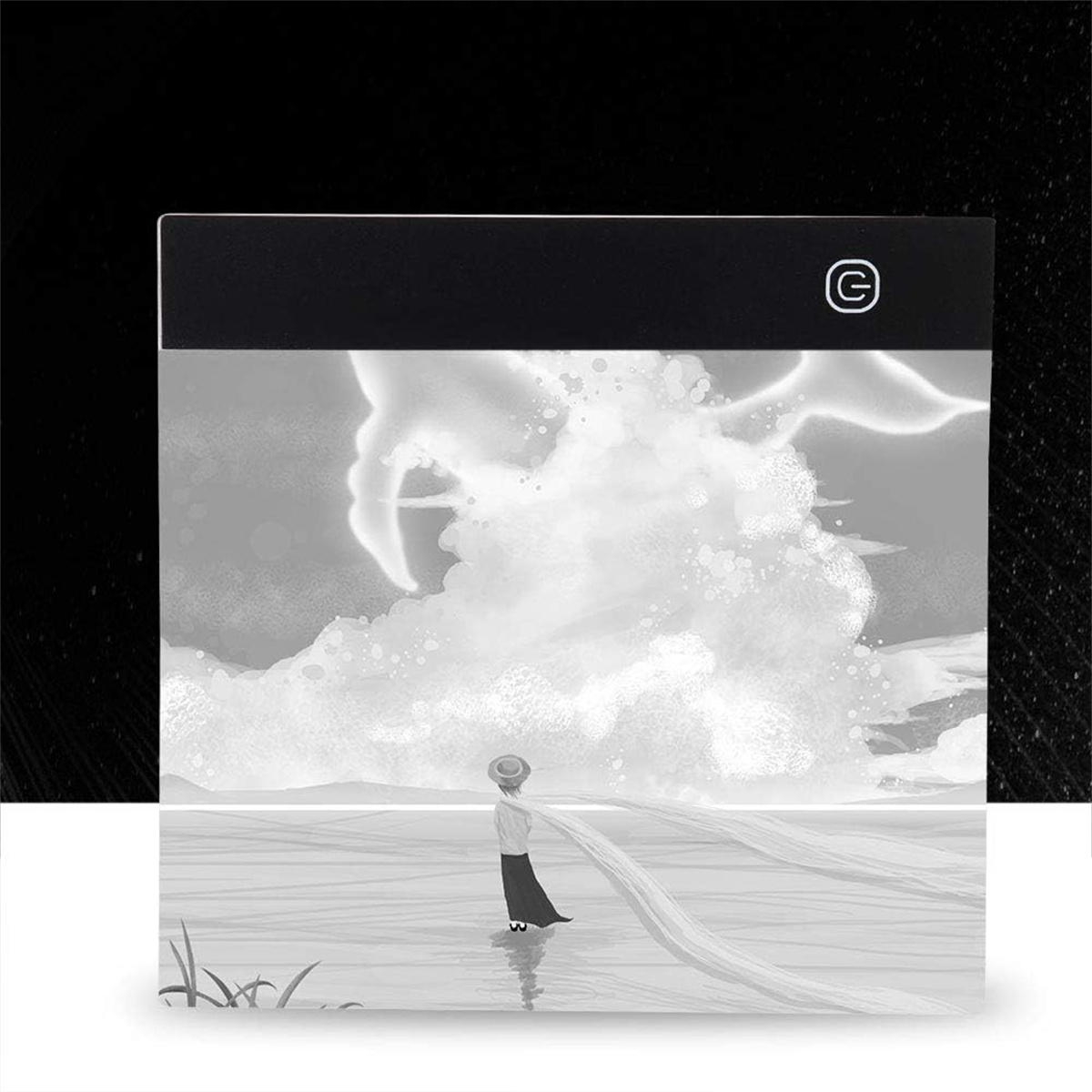 Schwarz-weiße illustrierte Kunst, mit einer Frau im Wasser und hellem Licht.