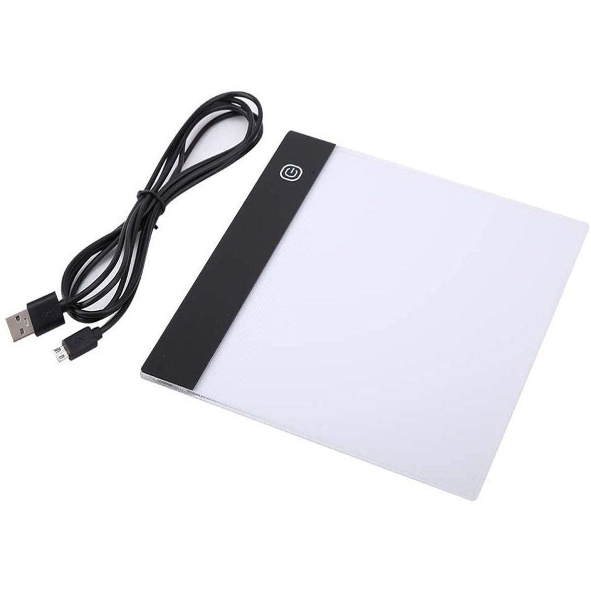 Ein weißes Leuchtpad mit Netzkabel und schwarzem Power-Button.