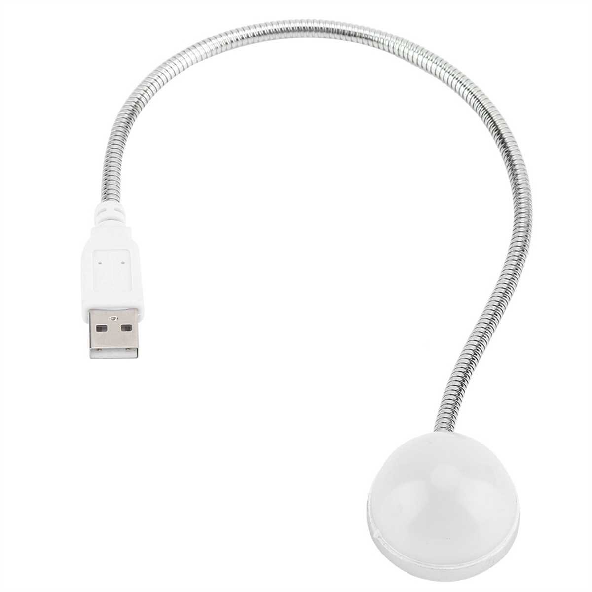 Eine USB-LED-Lampe mit flexiblem silbernen Hals und einem weißen, runden Lichtkopf.