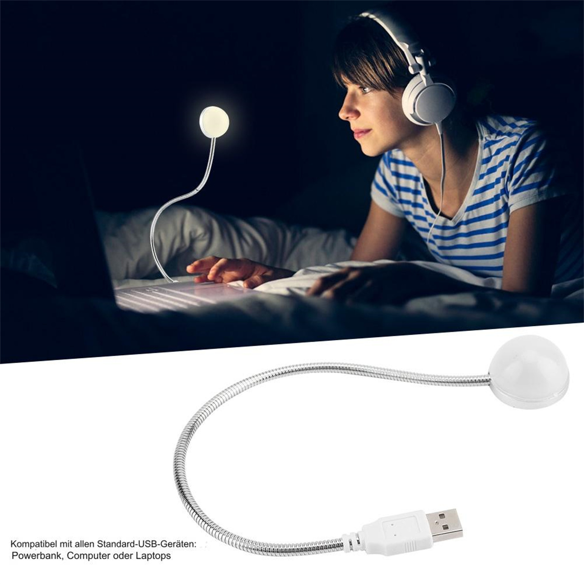 Eine Frau im Bett mit Kopfhörern benutzt einen Laptop und eine kleine Schreibtischlampe. Die Lampe ist an.