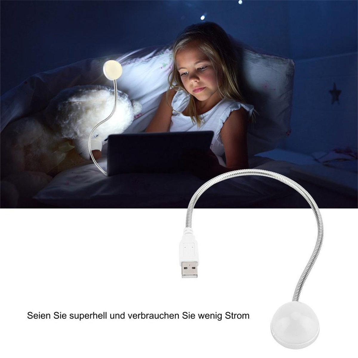Ein Mädchen liest unter einer kleinen Lampe mit flexiblem Arm und einem Tablet.