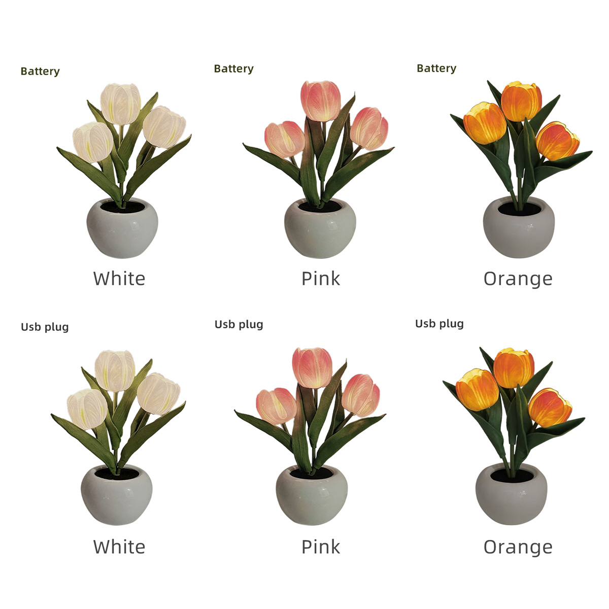 Drei Sätze Tulpen in einer Vase. Weiße, rosa und orangefarbene Tulpen. Weißer Hintergrund.