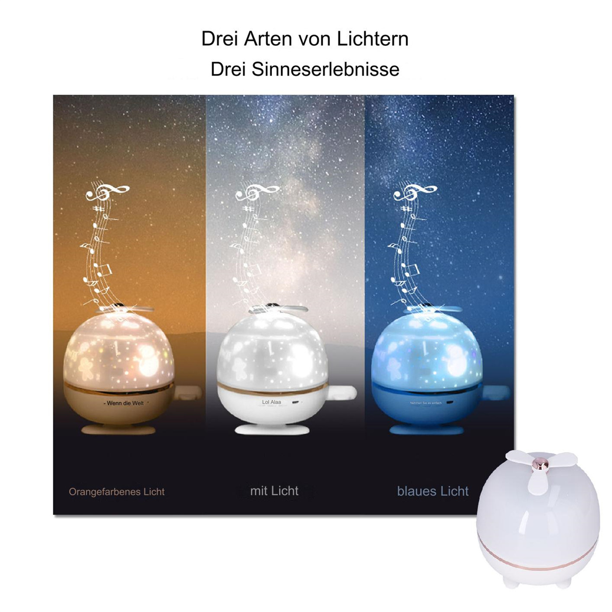 Drei Lampen mit Noten und verschiedenen Lichtfarben: orange, weiß und blau.