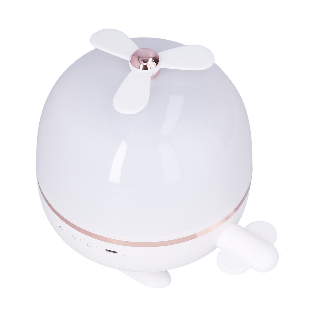 Ein weißes Nachtlicht, geformt wie ein Pinguin mit einem rotierenden Ventilator oben, USB-Kabel daneben.