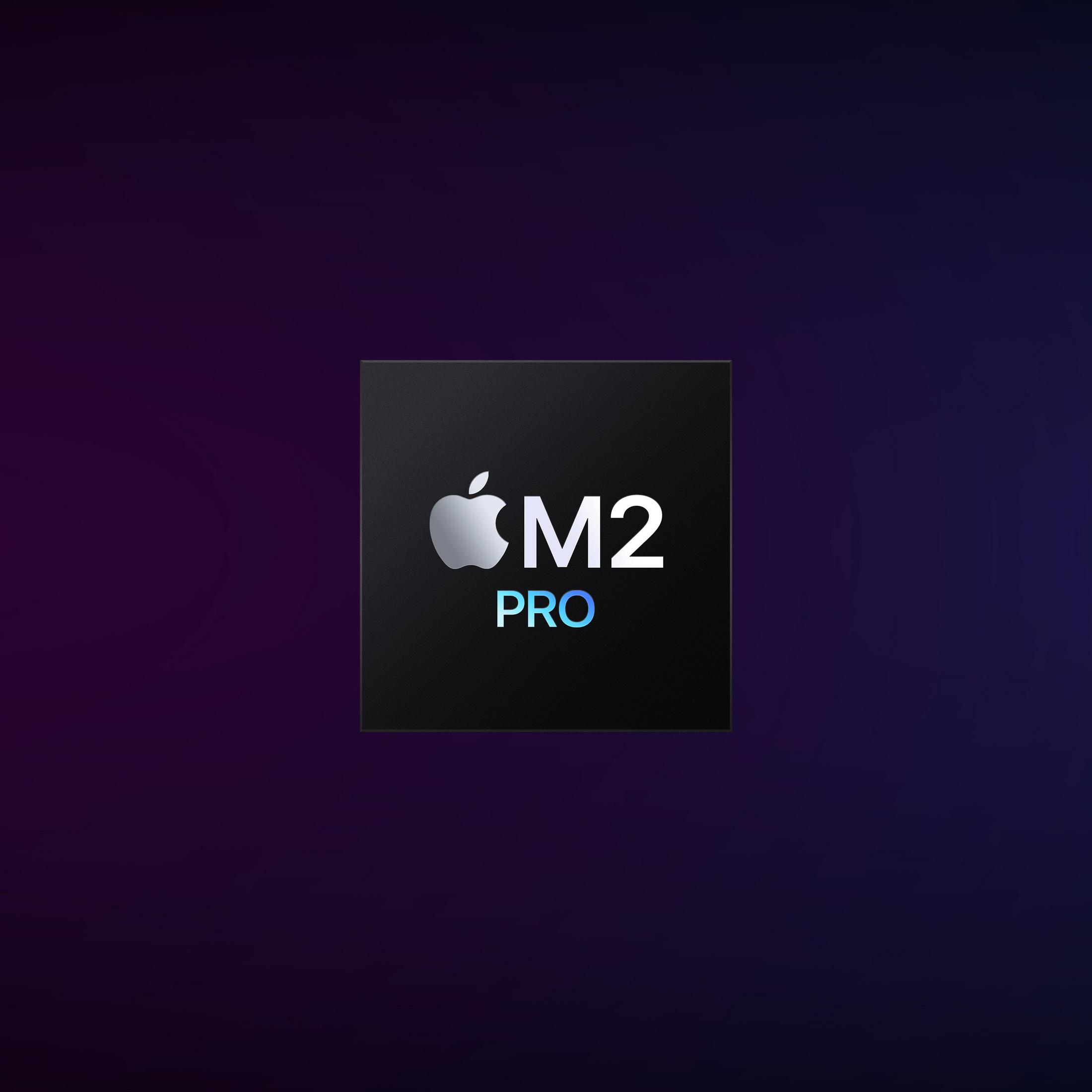 Czarny kwadrat ze srebrnym logo Apple i tekstem: M2 PRO. Fioletowe i ciemnoniebieskie tło.