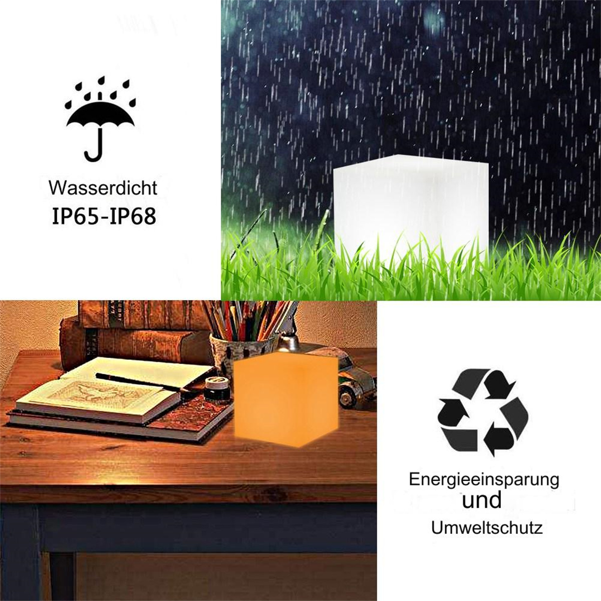 Ein weißes Würfellicht im Regen und Gras. Text weist auf wasserdichte Eigenschaften hin.