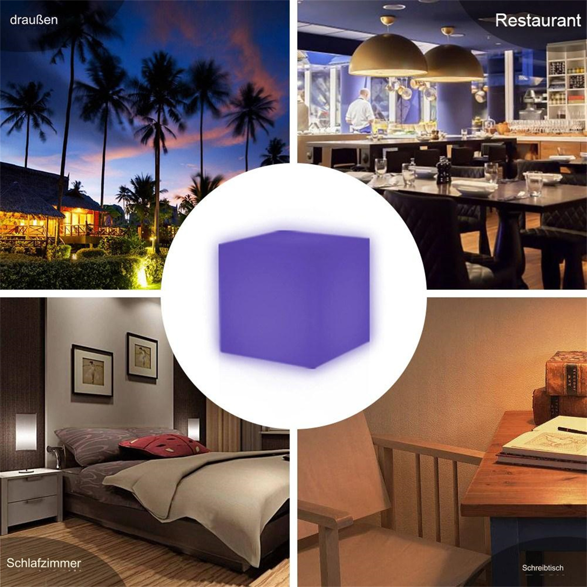 Vier Bilder zeigen einen Würfel und Szenen: ein Resort, ein Restaurant, ein Schlafzimmer und einen Schreibtisch. Der Würfel ist lila.