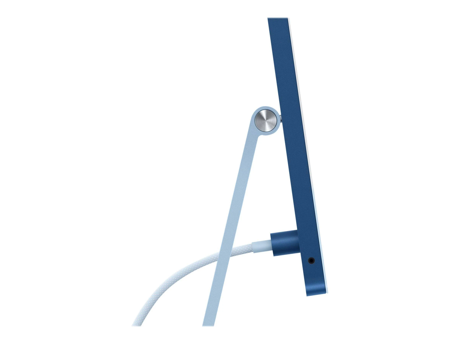 Widok z boku niebieskiego iMaca z białym kablem i podstawką, na białym tle.