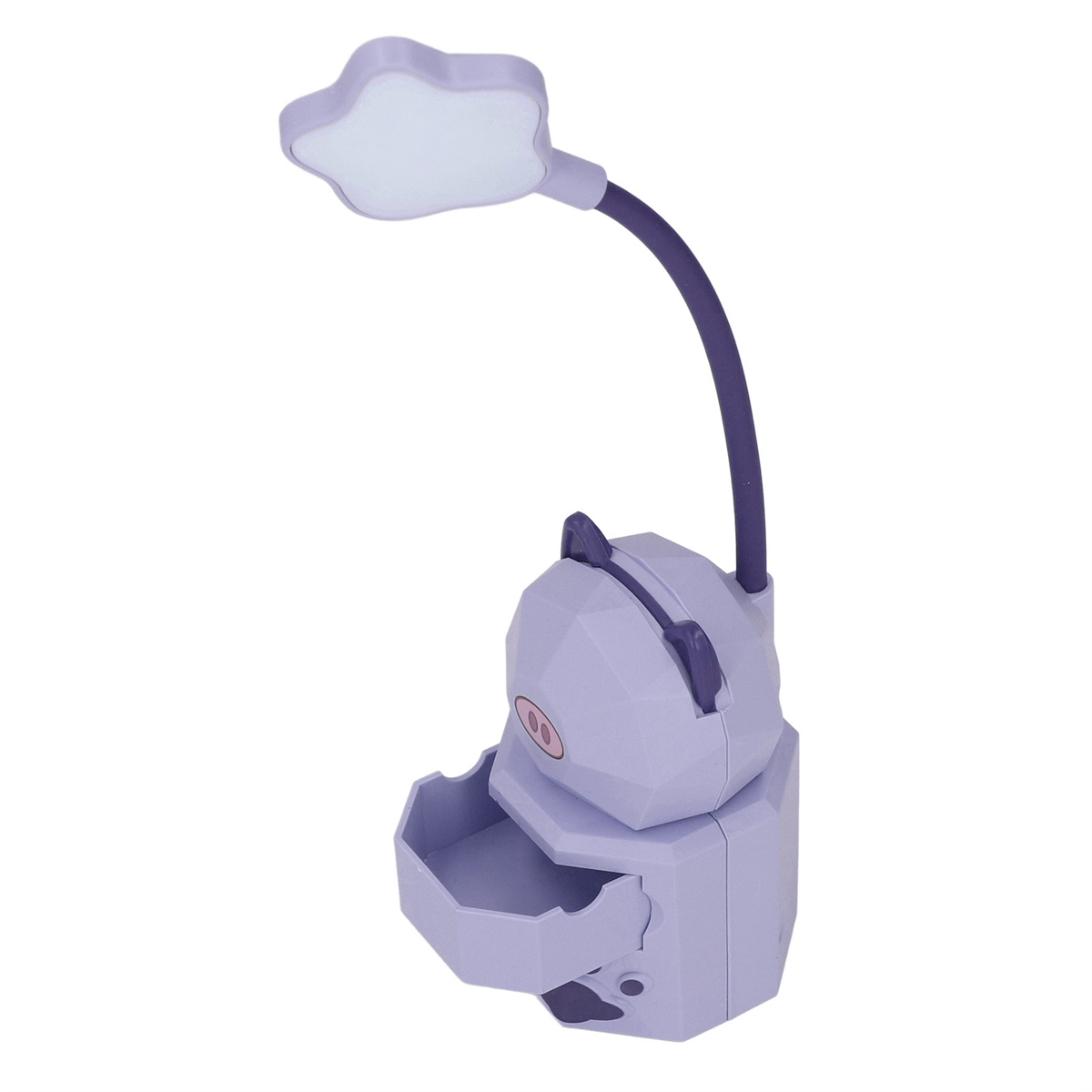 Lila Schreibtischlampe in Katzenform mit Schublade. Weißer Hintergrund.