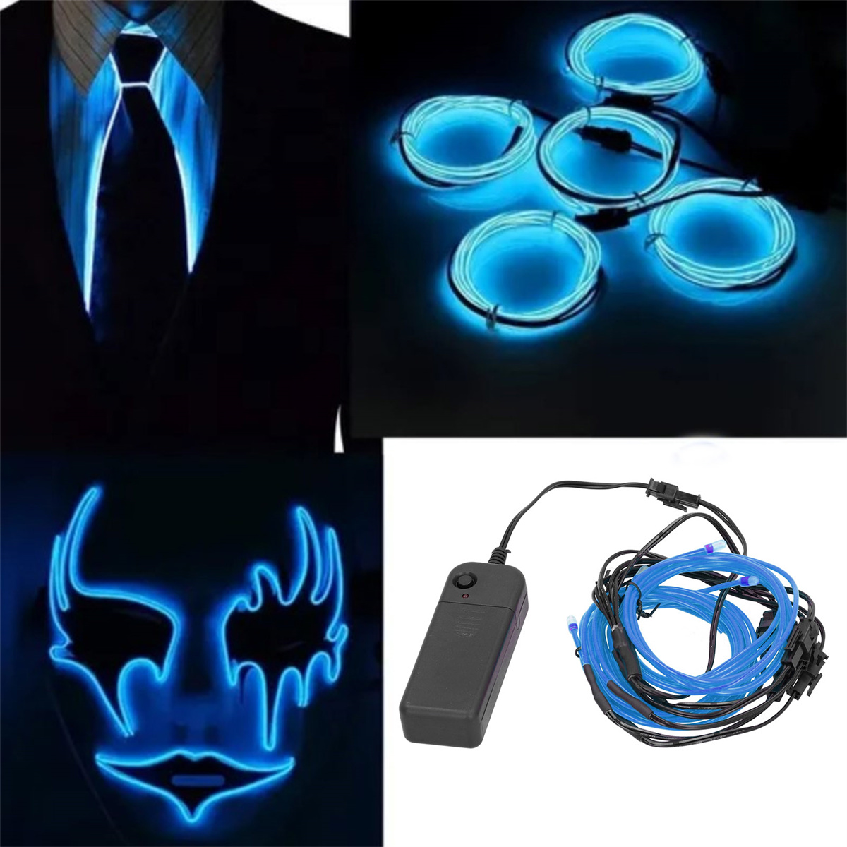 Collage aus blau leuchtenden Gegenständen: Anzugkrawatte, Neonröhren und eine Maske.