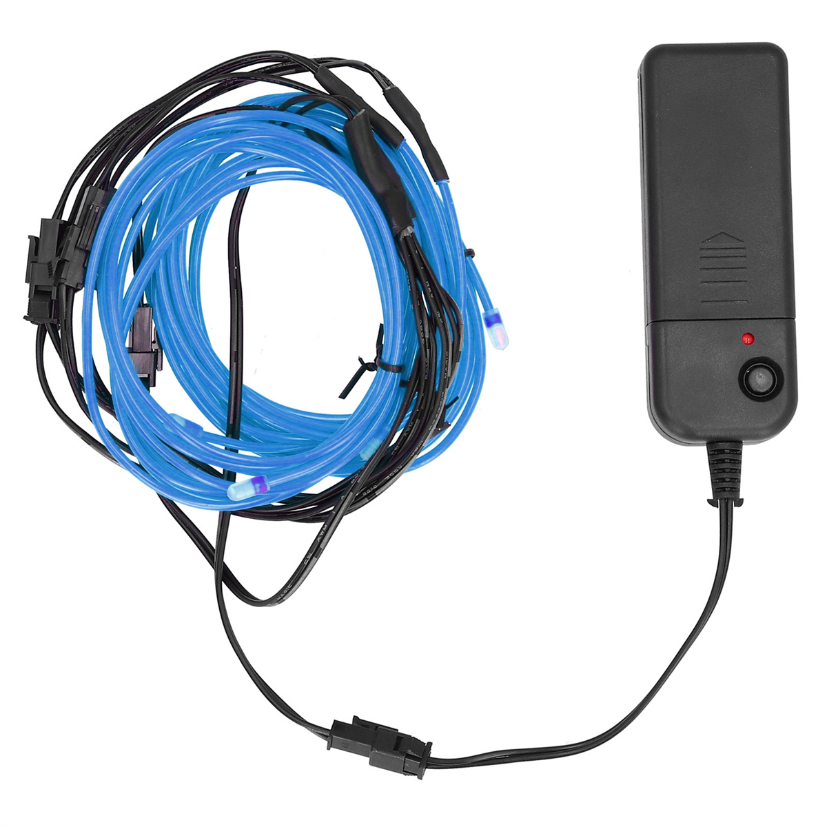 Blauer LED-Lichtstreifen mit Netzteil. Der Streifen ist aufgerollt.