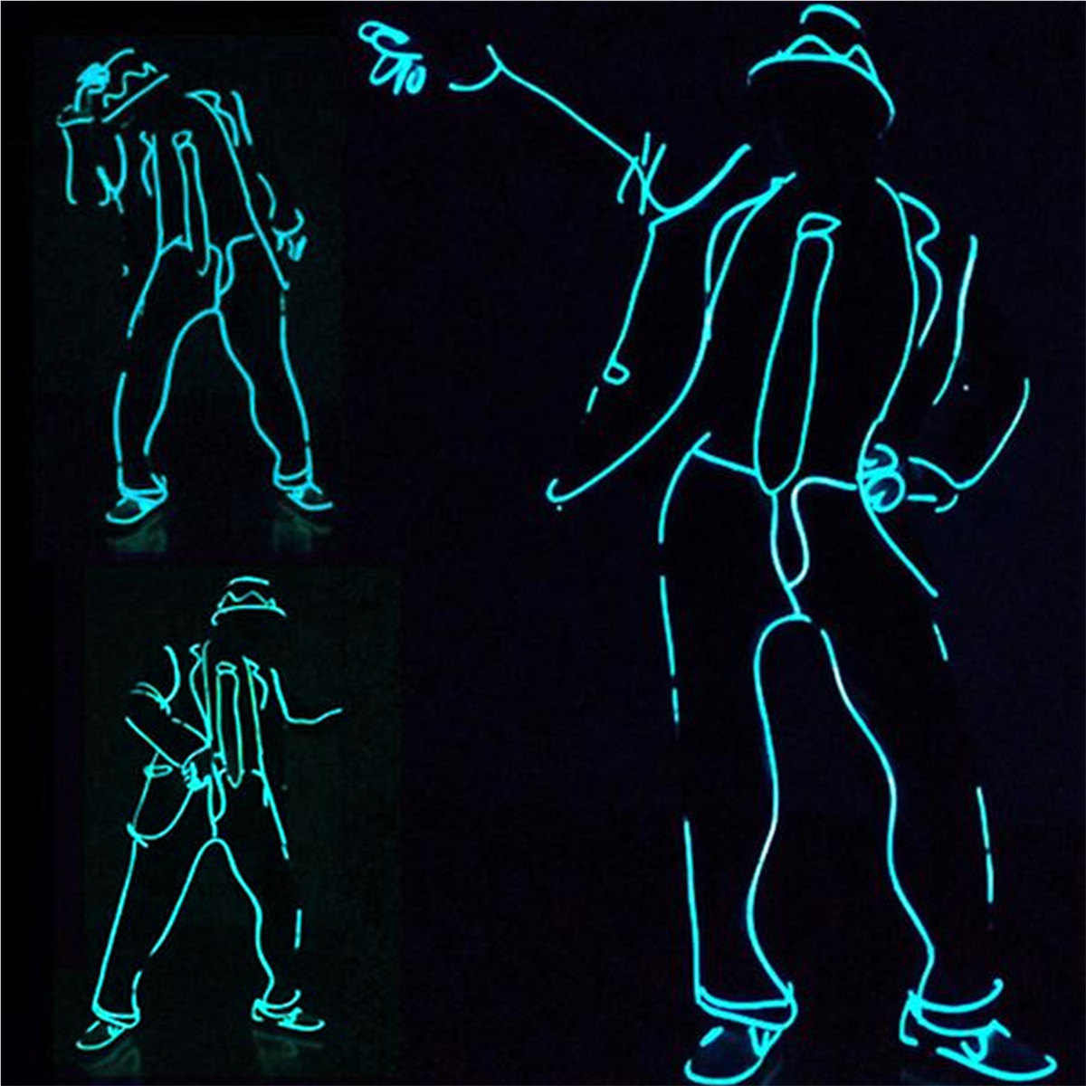 Neonlichtfiguren eines Mannes im Anzug beim Tanzen. Drei Posen. Dunkler Hintergrund.